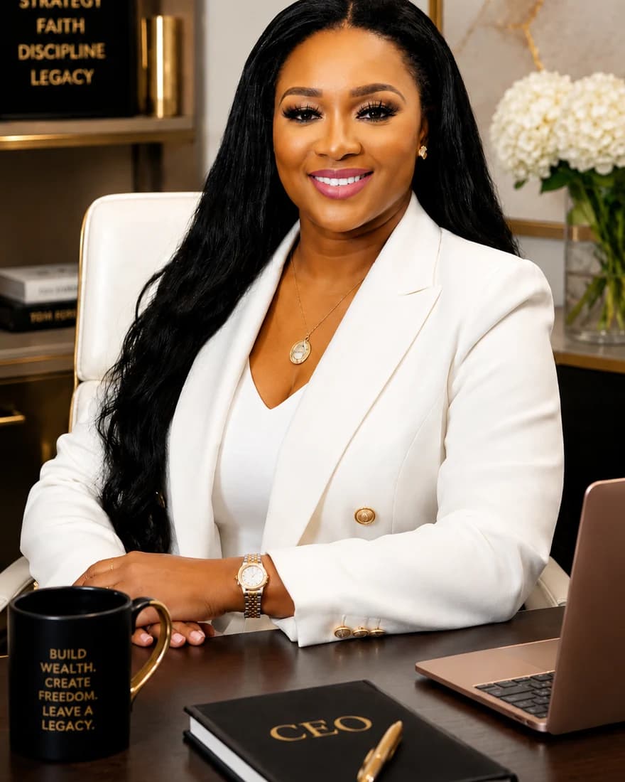 Jemila Winsey at her desk in a white blazer